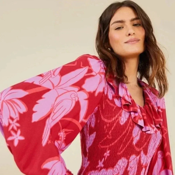 NWT FARM RIO Living Nature Red Pink Burgundy Floral Smocked Mini Dress Size XS - Picture 4 of 9